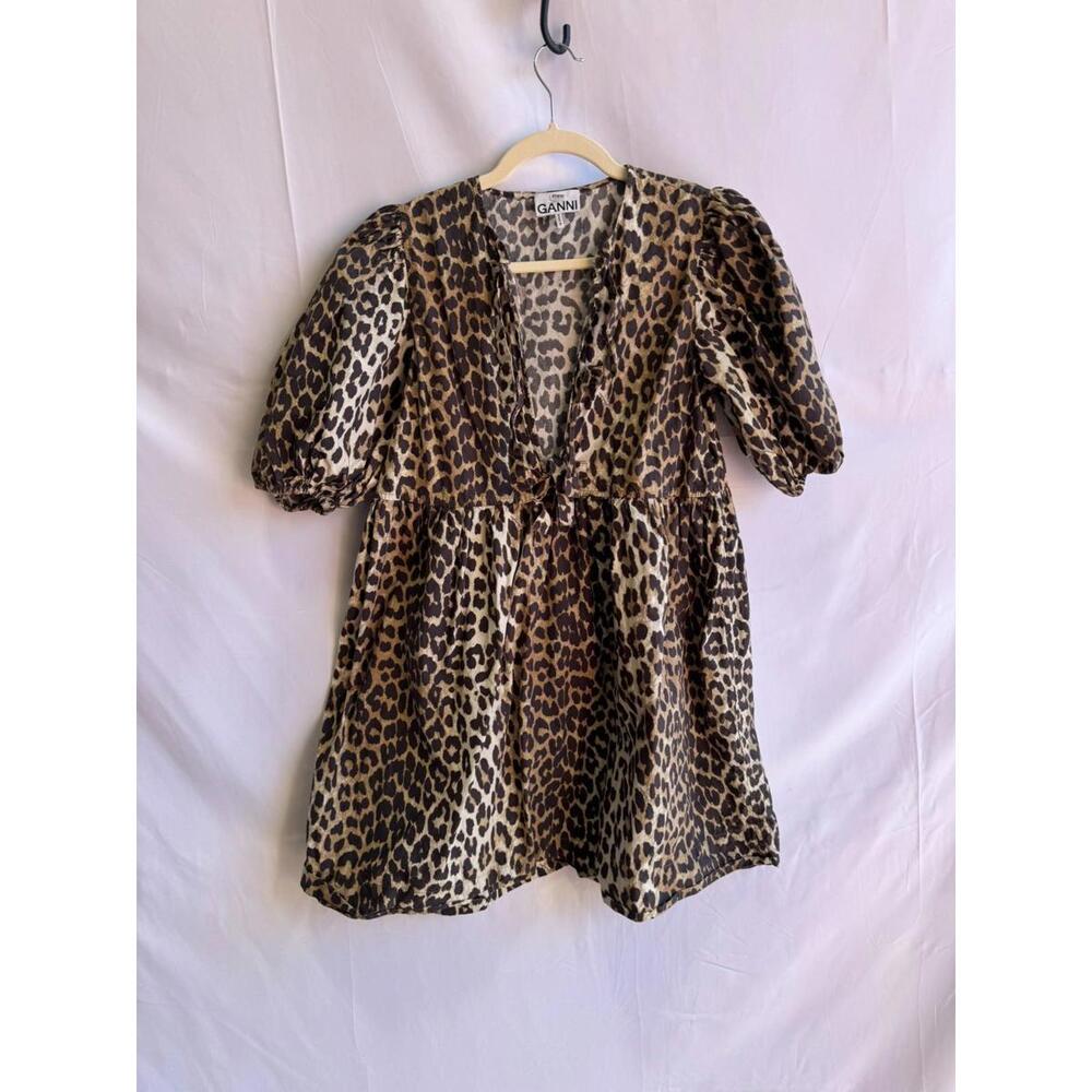 GANNI Multicolored Printed Cotton Tie String Mini Dress Size 1 discoloration - Picture 4 of 9